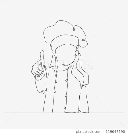Continuous one line design of a girl chef giving thumbs up. Cute cooking art character. Minimalist style vector illustration on white background. Continuous one line design of a girl chef giving thumbs up. Cute cooking art character. Minimalist style vector illustration on white background. 119047590