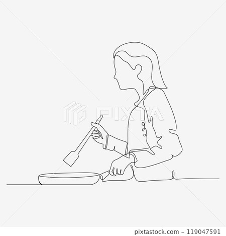 One line continuous design of mom is cooking in the kitchen. Minimalist style vector illustration on white background. One line continuous design of mom is cooking in the kitchen. Minimalist style vector illustration on white background. 119047591