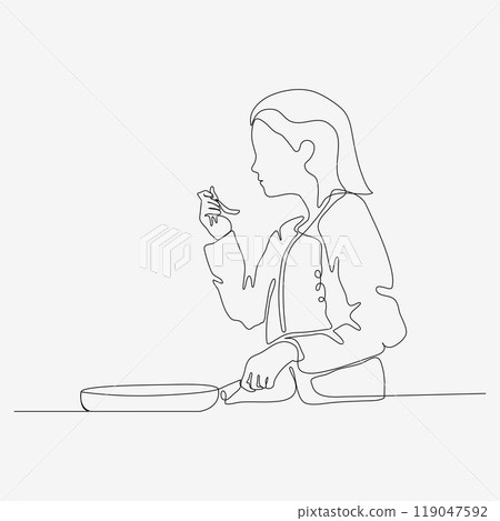 One line continuous design of mother tasting food. Cute cooking art character. Minimalist style vector illustration on white background. One line continuous design of mother tasting food. Cute cooking art character. Minimalist style vector illustration on white background. 119047592