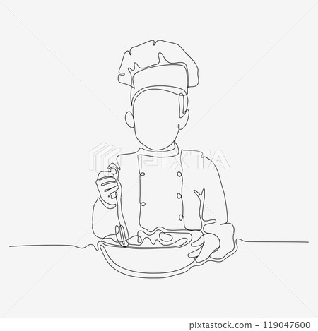 Continuous one line design of kid kneading dough. Cute cooking art character. Minimalist style vector illustration on white background. Continuous one line design of kid kneading dough. Cute cooking art character. Minimalist style vector illustration on white background. 119047600