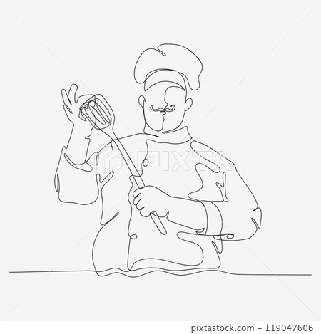 One continuous line of chef in mustache. Cute cooking character. Minimalist style vector illustration on white background. One continuous line of chef in mustache. Cute cooking character. Minimalist style vector illustration on white background. 119047606