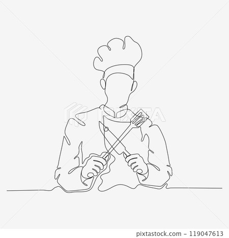 Continuous one line design of chef in hat holding knife and spatula. Confident cooking character. Minimalist style vector illustration on white background. 119047613