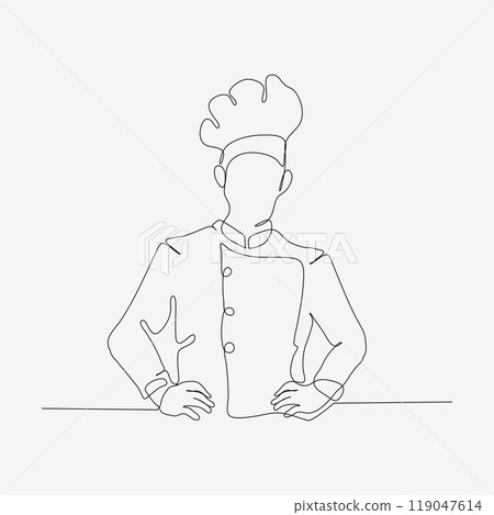 One continuous row design of stylish chef in hat. A confident cooking character. Minimalist style vector illustration on white background. One continuous row design of stylish chef in hat. A confident cooking character. Minimalist style vector illustration on white background. 119047614