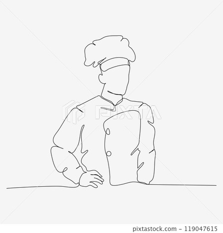 One continuous row design of stylish chef in hat. A confident cooking character. Minimalist style vector illustration on white background. 119047615