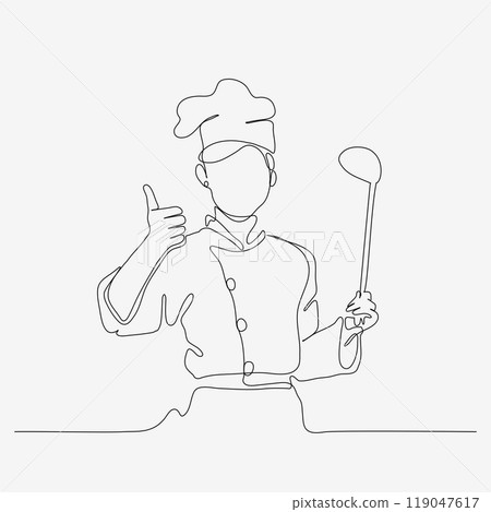 One line continuous design of chef in hat. Cooking art design, serving food. Minimalist style vector illustration on white background. One line continuous design of chef in hat. Cooking art design, serving food. Minimalist style vector illustration on white background. 119047617