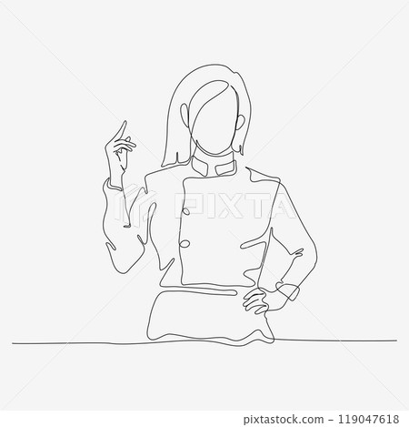 Continuous one line design of female chef posing confidently. Minimalist style vector illustration on white background. 119047618