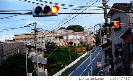 Scenery with many traffic lights and power lines, street corners and slopes at dusk 119047717