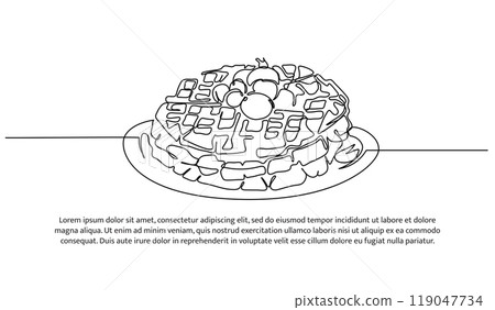 Waffle one continuous line design. Restaurant food menu design concept. Decorative elements drawn on a white background. 119047734