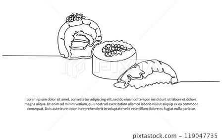Sushi one continuous line design. Restaurant food menu design concept. Decorative elements drawn on a white background. Sushi one continuous line design. Restaurant food menu design concept. Decorative elements drawn on a white background. 119047735