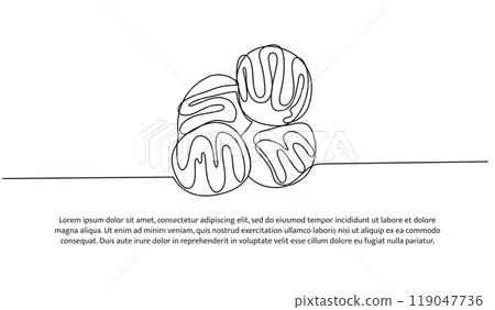 Takoyaki one continuous line design. Restaurant food menu design concept. Decorative elements drawn on a white background. 119047736