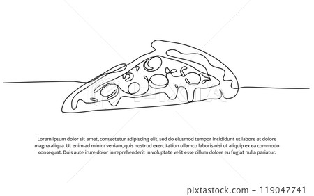 Pizza one continuous line design. Restaurant food menu design concept. Decorative elements drawn on a white background. 119047741