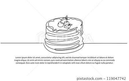 Pancake one continuous line design. Restaurant food menu design concept. Decorative elements drawn on a white background. 119047742