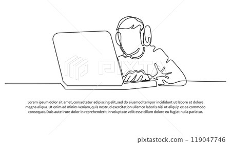 Continuous line design of man wearing headset working with laptop. Decorative elements drawn on a white background. Continuous line design of man wearing headset working with laptop. Decorative elements drawn on a white background. 119047746