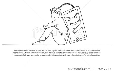 Continuous line design of influence of mobile phone on human brain. Decorative elements drawn on a white background. Continuous line design of influence of mobile phone on human brain. Decorative elements drawn on a white background. 119047747