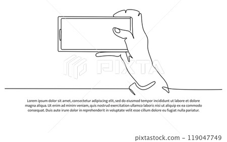 Continuous line design taking pictures with mobile phone. Decorative elements drawn on a white background. 119047749