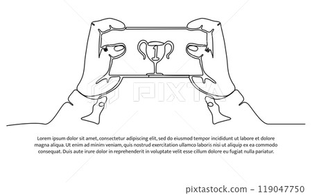 Continuous line design of hands playing games on mobile. Decorative elements drawn on a white background. Continuous line design of hands playing games on mobile. Decorative elements drawn on a white background. 119047750