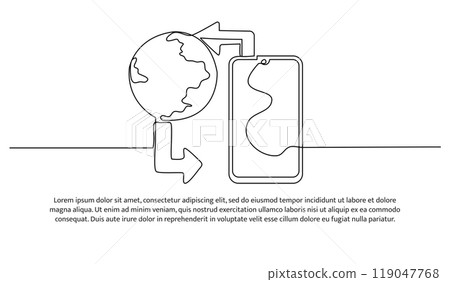 Continuous line design of cell phone, arrows and globe. Technology international network design concept. Decorative elements drawn on a white background. Continuous line design of cell phone, arrows and globe. Technology international network design concept. Decorative elements drawn on a white background. 119047768