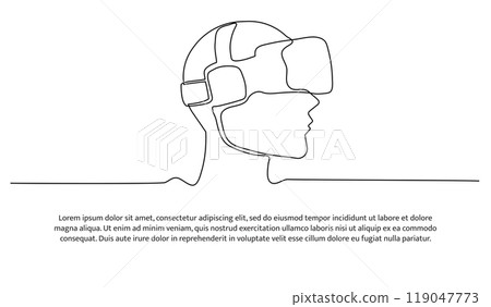 Continuous line design of man in glasses device virtual reality. Decorative elements drawn on a white background. 119047773