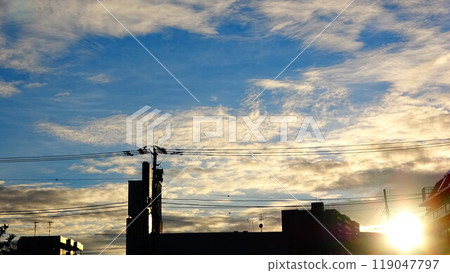 Sunset cityscape, dusk clouds and sky scenery 119047797