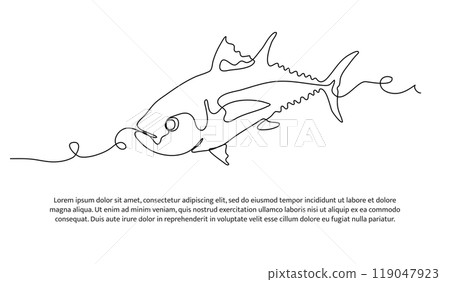 One continuous line of fish. Tuna line drawing. Minimalist style vector illustration on white background. 119047923