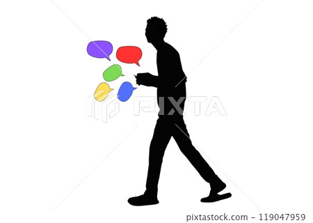oung man texting on smart phone with speech bubbles against white background oung man texting on smart phone with speech bubbles against white background 119047959