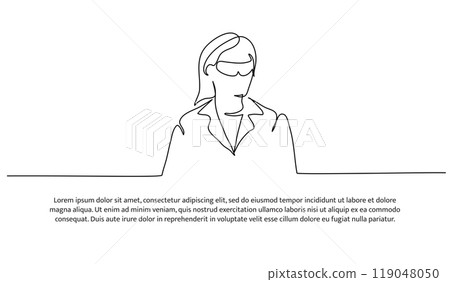 One continuous line design of a portrait of a female scientist in medical glasses. Decorative elements are drawn on a white background. 119048050