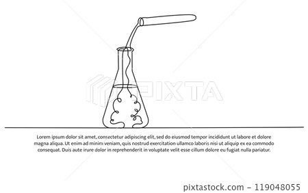 One continuous line of the hand pouring liquid to the chemical tube. Decorative elements are drawn on a white background. 119048055