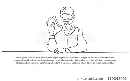 Continuous line design of the man doing lab testing. Decorative elements are drawn on a white background. 119048062