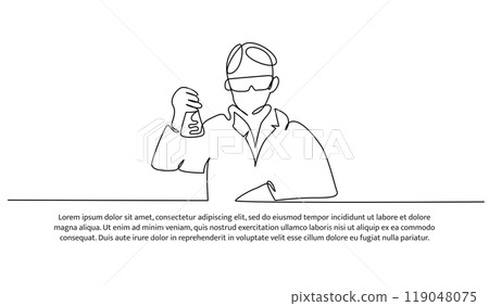 Continuous line design of the man doing lab testing. Decorative elements are drawn on a white background. 119048075