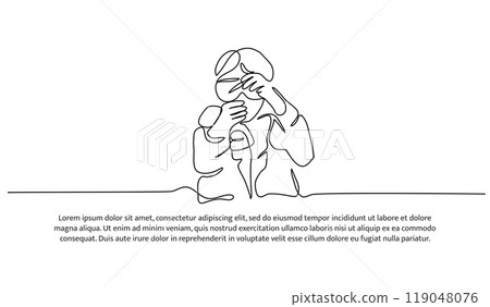 Continuous line design of the man doing lab testing. Decorative elements are drawn on a white background. Continuous line design of the man doing lab testing. Decorative elements are drawn on a white background. 119048076