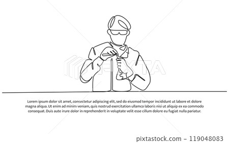Continuous line design of the man doing lab testing. Decorative elements are drawn on a white background. Continuous line design of the man doing lab testing. Decorative elements are drawn on a white background. 119048083