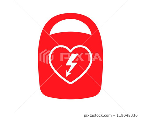 AED emergency defibrillator icon sign symbol. First aid Automated external defibrillator. Vector illustration. Isolated on white background. AED emergency defibrillator icon sign symbol. First aid Automated external defibrillator. Vector illustration. Isolated on white background. 119048336