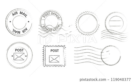 Postal stamps, seal and postmarks sign set. Empty mail delivery template. Paper mark symbol of correspondence, post, airmail. Wavy lines Postal stamps, seal and postmarks sign set. Empty mail delivery template. Paper mark symbol of correspondence, post, airmail. Wavy lines 119048377