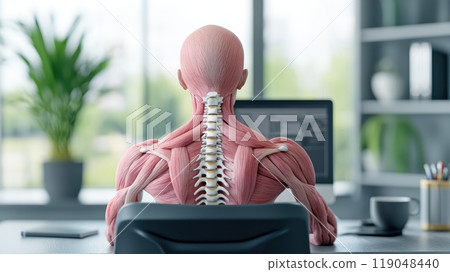 Anatomical model with visible muscles, desk view. 119048440