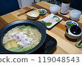 A dinner table with a hotpot of spotted grouper 119048543