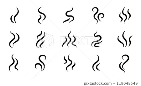 Smoke steam icon vector logo set. Smoke smell, steam aroma heat icon illustration. Hot vapor fire doodle line logo. Hit stink, coffee, fragrance flame elements. Vector Smoke steam icon vector logo set. Smoke smell, steam aroma heat icon illustration. Hot vapor fire doodle line logo. Hit stink, coffee, fragrance flame elements. Vector 119048549