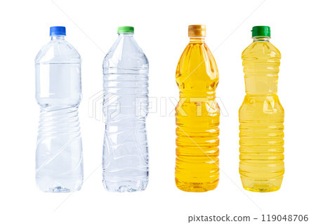 Water and Vegetable oil in different bottle for cooking isolated on white background. Water and Vegetable oil in different bottle for cooking isolated on white background. 119048706