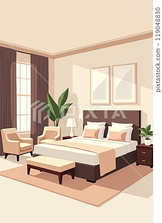 Cozy modern bedroom with natural light and soft colors 119048830