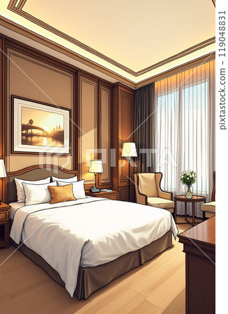 Cozy modern bedroom with natural light and soft colors 119048831