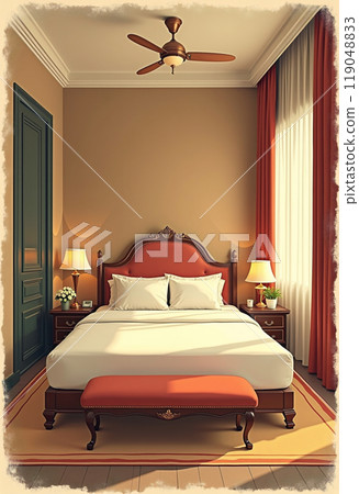 Cozy modern bedroom with natural light and soft colors 119048833