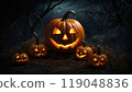 Happy Halloween banner template with halloween pumpkin and Halloween Elements on Halloween theme background. Website spooky, Background or banner Halloween template, halloween card design 119048836