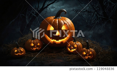 Happy Halloween banner template with halloween pumpkin and Halloween Elements on Halloween theme background. Website spooky, Background or banner Halloween template, halloween card design 119048836