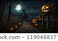 Happy Halloween banner template with halloween pumpkin and Halloween Elements on Halloween theme background. Website spooky, Background or banner Halloween template, halloween card design 119048837