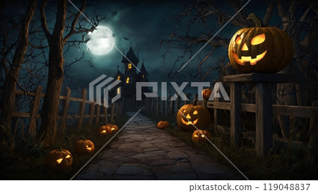 Happy Halloween banner template with halloween pumpkin and Halloween Elements on Halloween theme background. Website spooky, Background or banner Halloween template, halloween card design 119048837