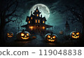 Happy Halloween banner template with halloween pumpkin and Halloween Elements on Halloween theme background. Website spooky, Background or banner Halloween template, halloween card design 119048838