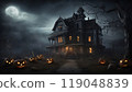 Happy Halloween banner template with halloween pumpkin and Halloween Elements on Halloween theme background. Website spooky, Background or banner Halloween template, halloween card design 119048839