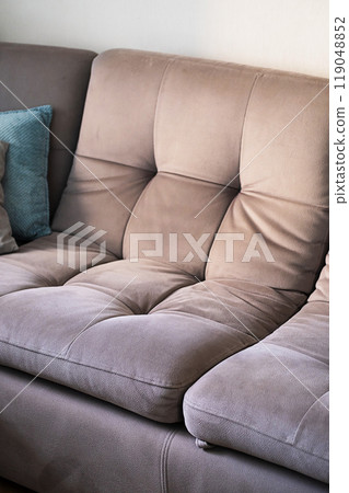 Various cushions placed on couch. 119048852