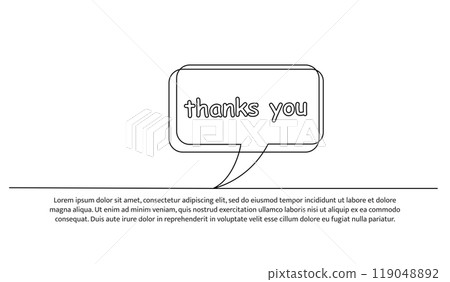 One continuous line design of simple thank you word speech bubble. Decorative elements drawn on a white background. 119048892