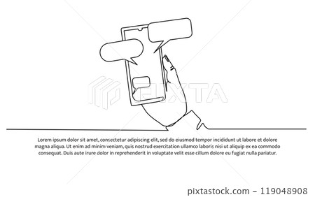 One continuous line design of hand holds the smartphone with messenger application. Decorative elements drawn on a white background. One continuous line design of hand holds the smartphone with messenger application. Decorative elements drawn on a white background. 119048908