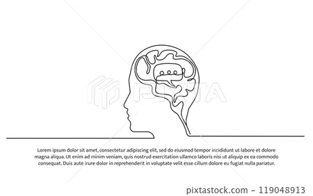 One continuous line design of speech bubbles in the man brain. Decorative elements drawn on a white background. 119048913